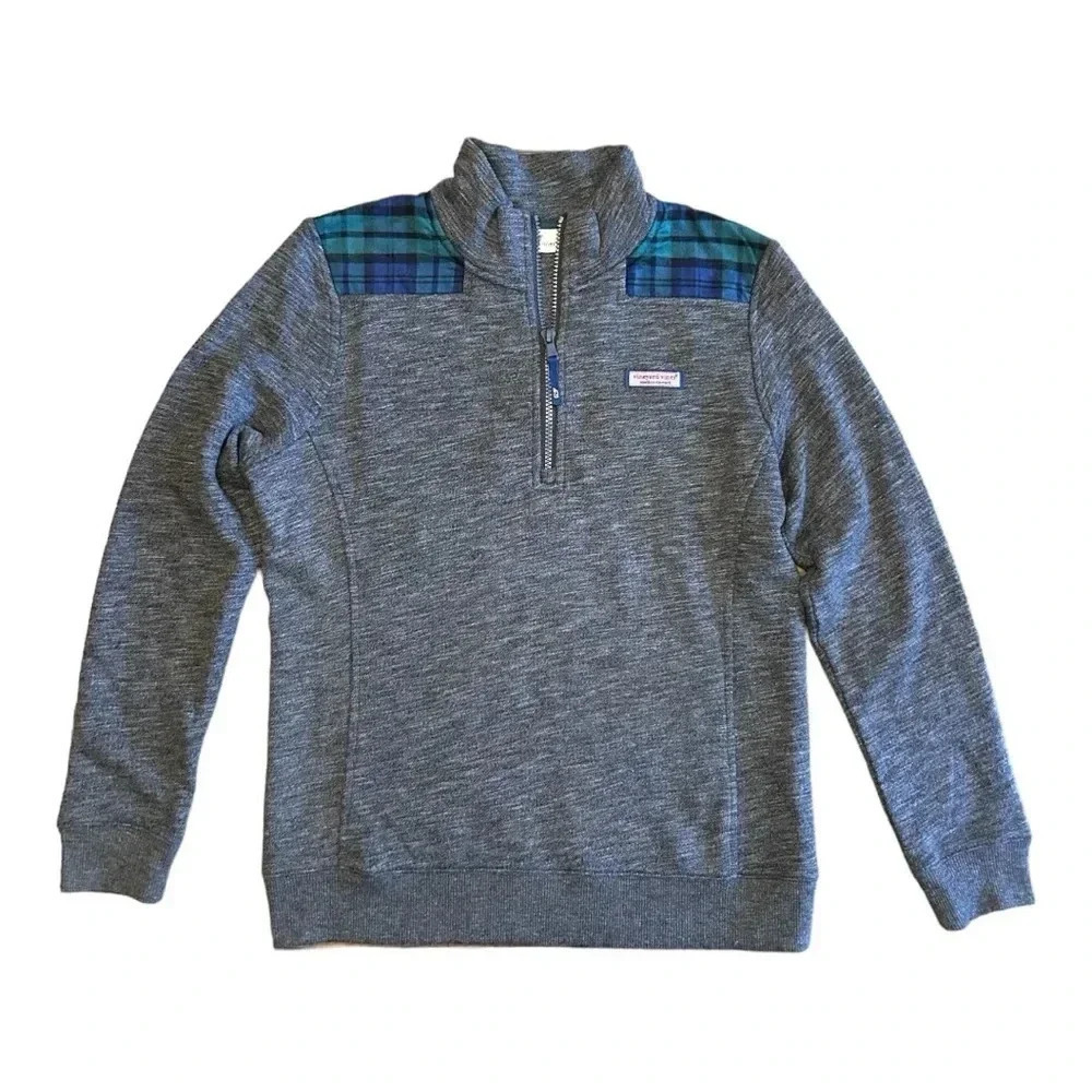 Vineyard Vines Shep Shirt Gray & Plaid 1/4 Zip Collared Pullover Warm Comfort